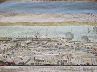 Ingekleurde prent “Bombardement van Le Havre”, 1759